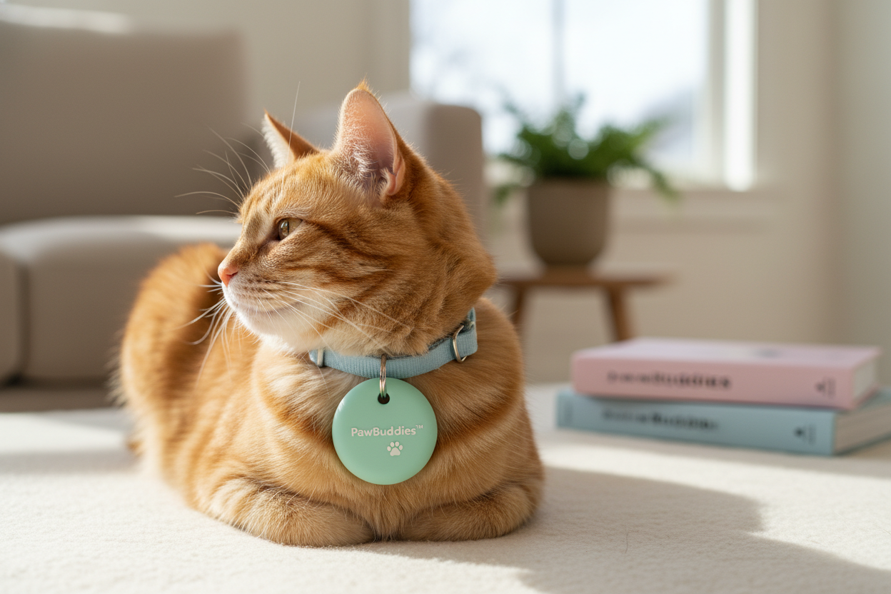 Cat wearing a collar with the PawBuddies™ AirTag GPS Tracker Holder attached, indoor living room setting, natural window light, shallow depth of field, high-detail fur, soft pastel color palette, premium lifestyle product photo.
