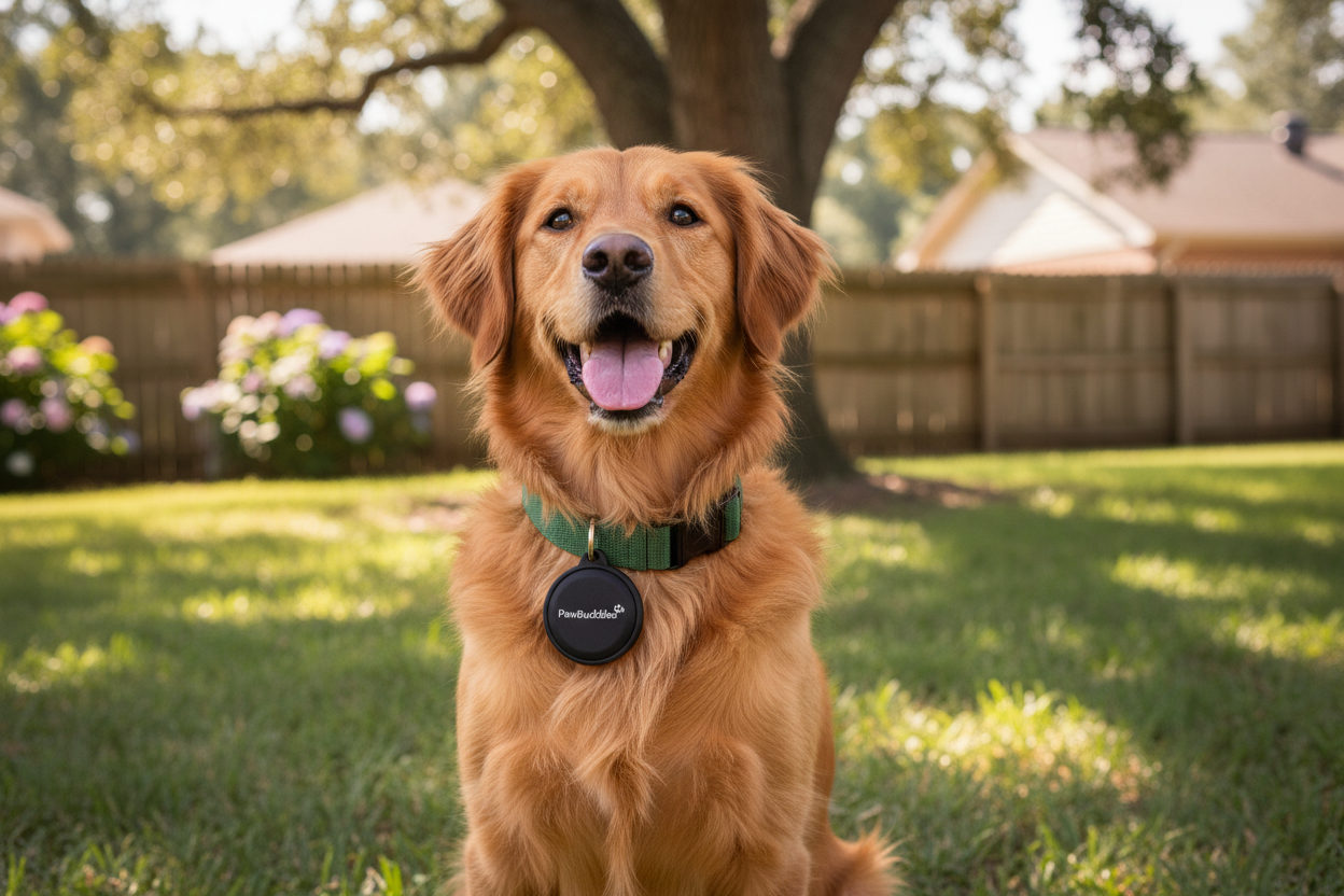 Cute medium-size dog wearing a collar with the PawBuddies™ AirTag GPS Tracker Holder attached, outdoor backyard setting, soft natural sunlight, shallow depth of field, realistic fur texture, friendly expression, warm and inviting mood, high-resolution lifestyle pet photography.
