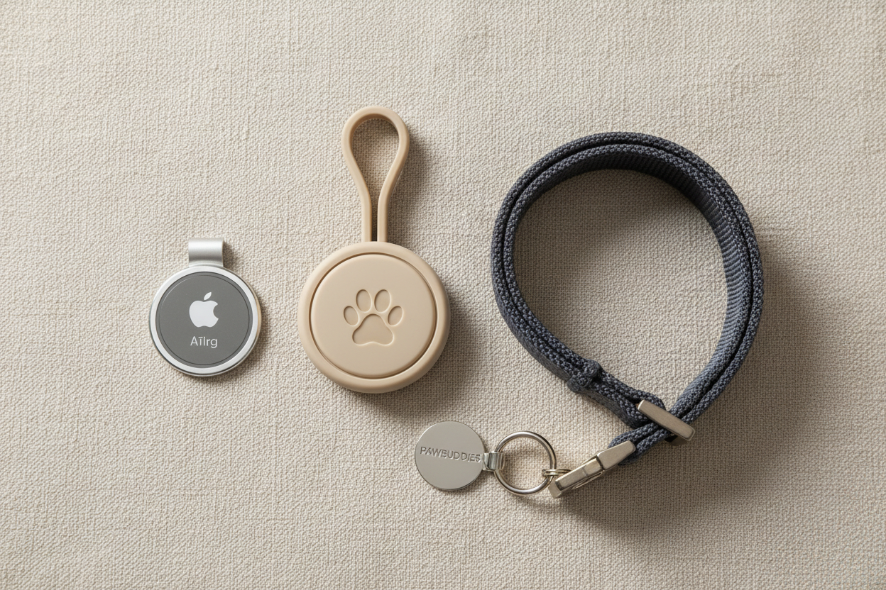 Flat lay photo of the PawBuddies™ AirTag GPS Tracker Holder, an AirTag next to it, and a pet collar arranged neatly on a textured neutral surface, soft shadowing, sophisticated product layout, premium e-commerce branding aesthetic.
